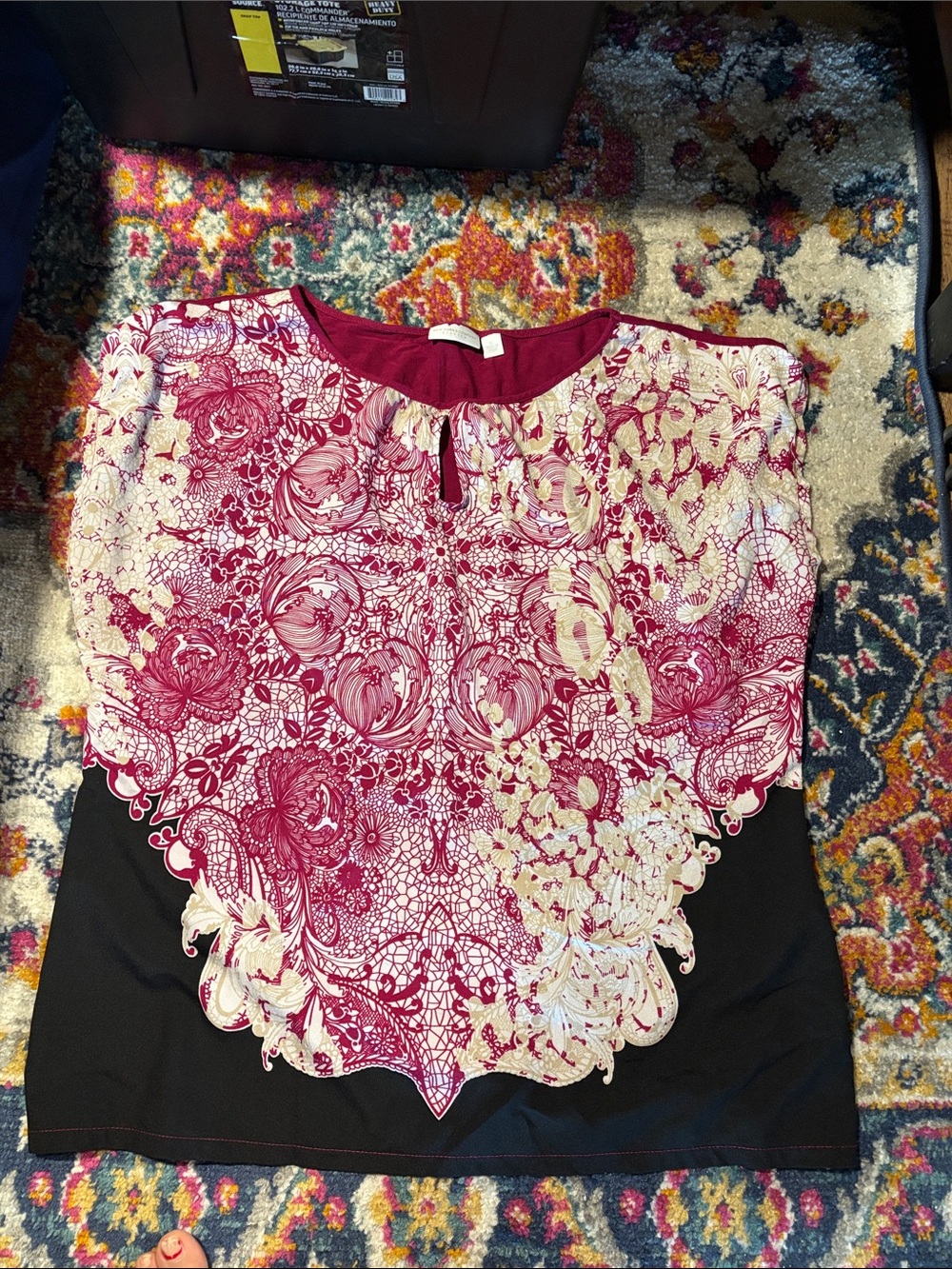 New York & Company Burgundy Floral Lace-Print Blouse